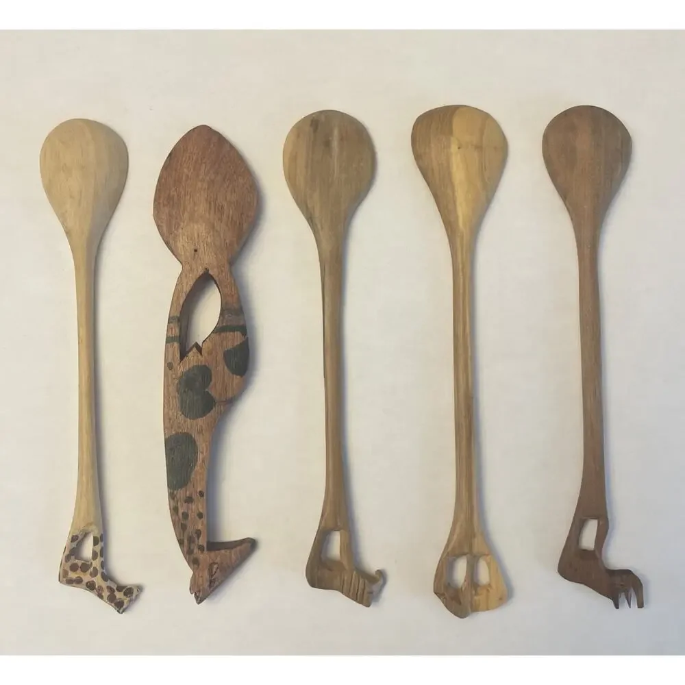 (Lot of 5 Pc) African Hand Carved Animal Giraffe Rhino Design 6-7” Wooden Spoons